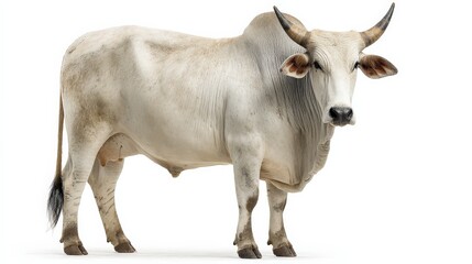 A majestic white bull stands majestically against a bright white background.