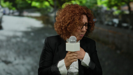 Woman reporter with microphone on city street shows emotion during outdoor interview.