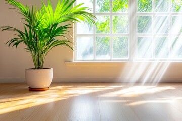 Fototapeta premium Sunlit Room with Indoor Plant - A vibrant green plant in a white pot sits on a light wood floor, bathed in sunlight streaming through a large window