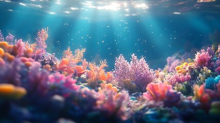 Obraz premium Soft-focused underwater environment, deep turquoise tones with sun rays shimmering down, a few colorful coral formations gently waving in the currents. Created Using: Professional underwater rig,