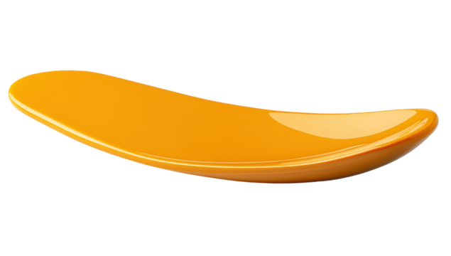 A vibrant, glossy, curved, orange form resembling a smooth, elongated fruit or abstract shape, isolated on a black background