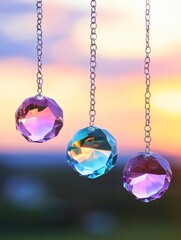 Sunset Crystal Ornaments Hanging Decor - Three iridescent crystal ornaments hang against a vibrant sunset, symbolizing peace, tranquility, harmony, beauty, and light