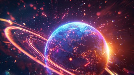Futuristic satellite in sharp focus orbiting a glowing Earth, dynamic curved trajectory lines around the planet, stylized modern color scheme with neon 