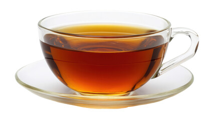 A clear glass teacup, filled with amber-hued tea, rests on a matching saucer