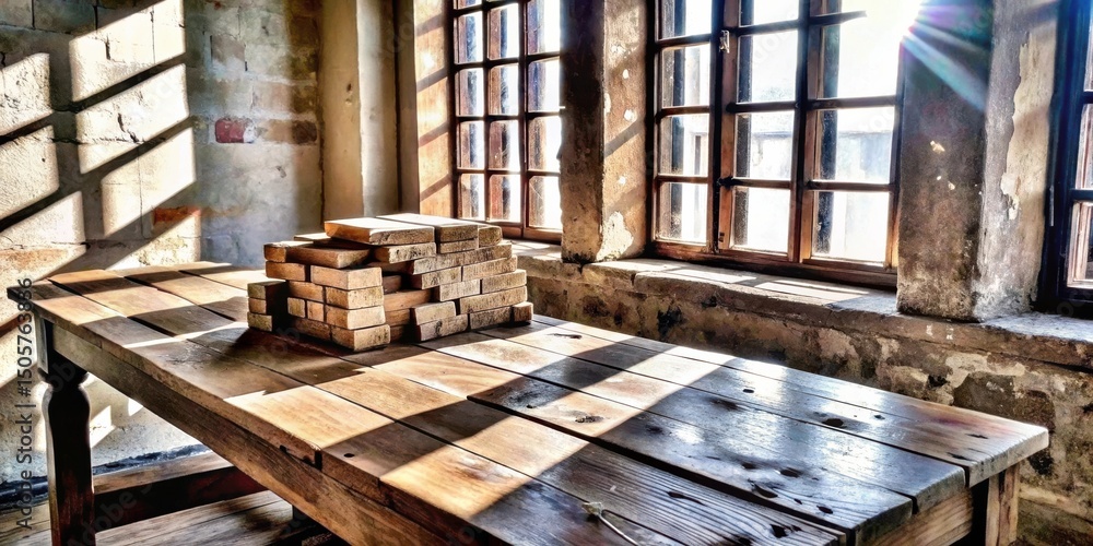 Poster A rustic wooden table bathed in the warm glow of sunlight streaming through a window, with a stack of weathered wooden blocks resting on its surface