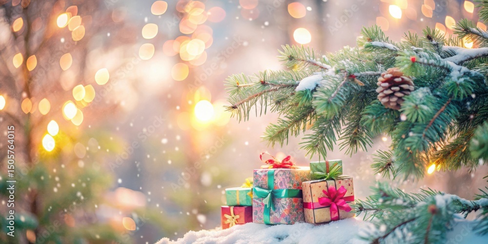 Poster a winter wonderland with a pine bough draped in snow, warmly lit by a bokeh of lights and featuring 