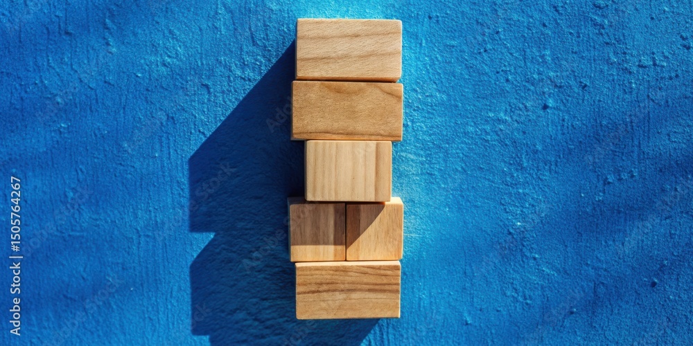 Poster a stack of wooden blocks against a textured blue background, with a slight shadow cast by the sunlig