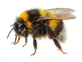 Close-up of a fuzzy bumblebee with yellow and black stripes, its wings slightly spread.