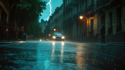 Heavy rain pouring down on a city street with flashes of lightning in the background.