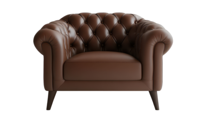 A brown leather armchair with tufted diamond pattern, rolled arms, and tapered legs, isolated on a black background