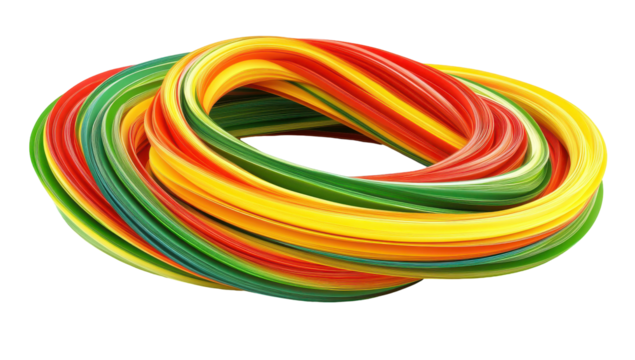 Intertwined, vibrant ribbons forming a continuous, colorful loop; glossy, smooth texture with a spectrum of red, orange, yellow, and green hues