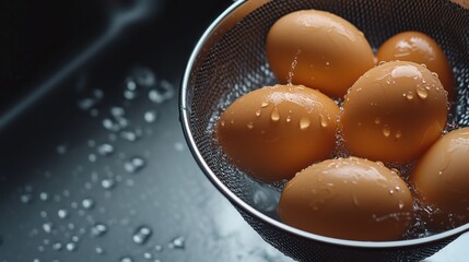 Fresh eggs in a colander with water droplets in a modern kitchen setting