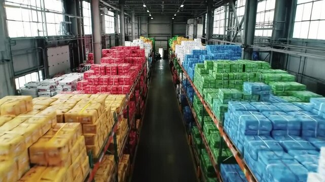 Rows of colorful boxes fill a spacious warehouse, showcasing an organized system for inventory management. Workers can be seen maneuvering through the aisles, highlighting efficient storage.