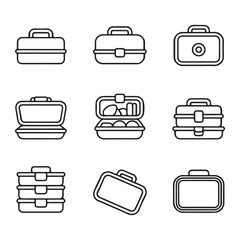 Lunchbox and Meal Container Icons Set. Collection of Outline Line Art Lunchboxes and Containers
