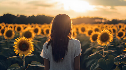 Young man and woman enjoying the beautiful bright yellow sunflowers under a clear blue summer sky in a vast green agricultural field