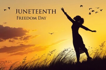 Juneteenth freedom day silhouette of joy at sunset
