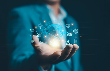 Hands showing the world of digital marketing, business concept, technology, international market,...