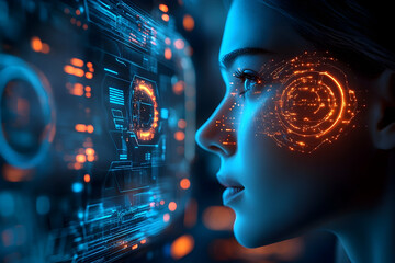 Naklejka premium Close-up of a person's face with glowing, digital interface patterns overlaid.