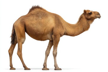 A dromedary camel stands against a white background.