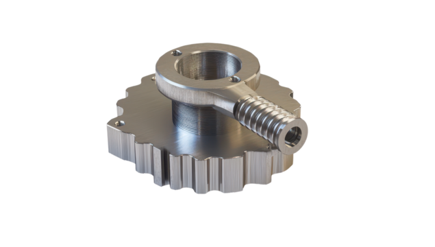 Precision-machined metallic component with a cylindrical shaft, threaded protrusion, and a grooved base