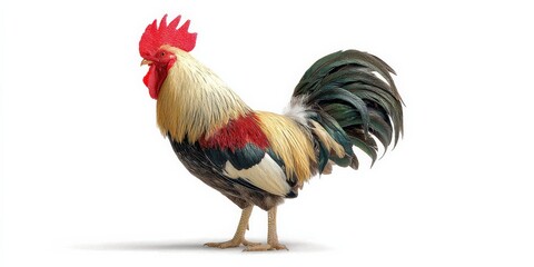 Fototapeta premium A majestic rooster with vibrant plumage, showcasing a mix of creamy, red, and dark feathers.