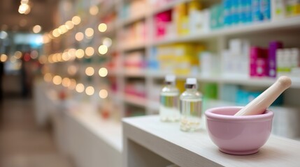 Mortar and pestle on display in a bright and colorful apothecary setting with product shelves in the background