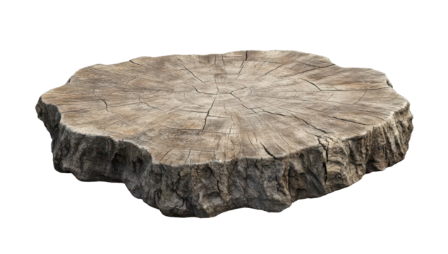A large, rustic, grey-brown wood slice, seemingly a tree stump,  with irregular edges and visible concentric rings, sits on a plain white background.  Its surface shows cracks and texture