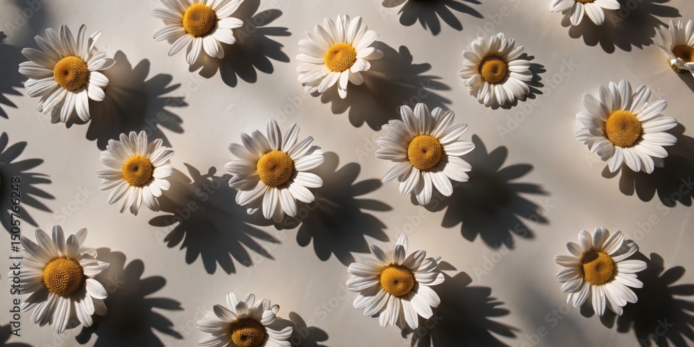Aufkleber A collection of delicate daisies arranged in a symmetrical pattern, casting soft shadows on a light beige background.