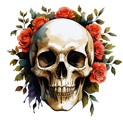 skull with flowers isolated watercolor illustration