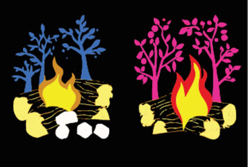 Colorful Fireplace Illustration with Trees and Flames on Black Background
