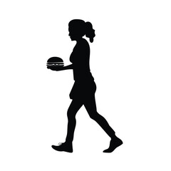 Woman walking carrying a hamburger silhouette