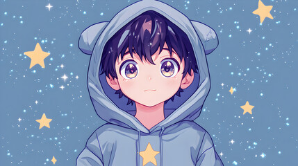 Child's magical winter night dream with an angel, stars, and moon