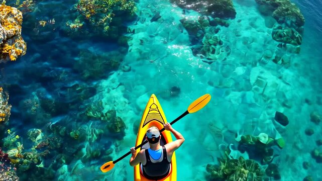Aerial kayaking adventure over crystal clear tropical waters