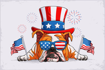 Sleeping English dog breed bulldog in 4th of July disguise, wearing sunglasses, uncle Sam hat, holding American flags, honoring veterans day