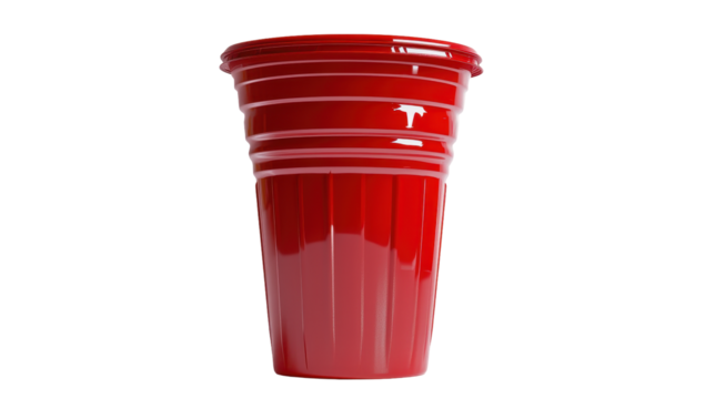 A vibrant, glossy red plastic cup with vertical ribs, exhibiting a smooth, cylindrical form and slightly flared rim
