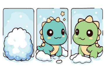 Cute Cartoon Dinosaur Playing in Snow in Three Panels Illustration