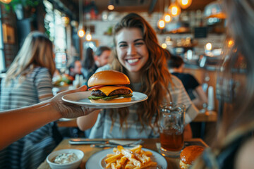 A woman is holding a large hamburger and smiling. The burger is topped with onions and tomatoes