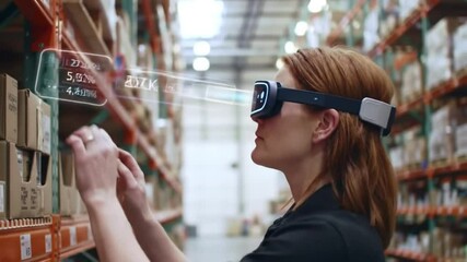 Woman using augmented reality smart glasses for inventory management in a modern warehouse, visualizing data overlays for efficient logistics and smart fulfillment. - Powered by Adobe
