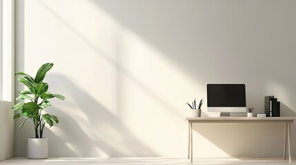 Modern home office with a desk, computer, and plants, minimal decor and empty wall space for copy.