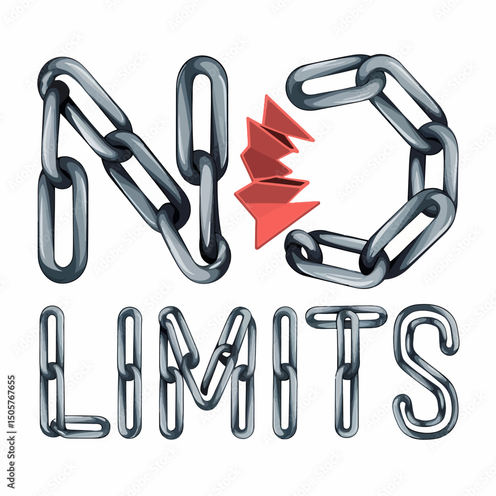 Poster no limits concept strong metal chain links typography design powerful bold grey red arrows breaking 