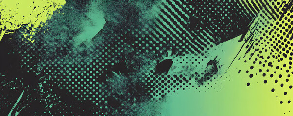 Black and green halftone background with grungy dots, and cyberpunk elements.