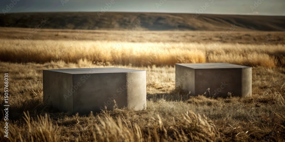 Poster two concrete cubes resting in a field of tall grass under a golden sky