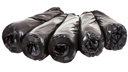 Five rolls of black plastic trash bags tightly bundled together, ready for use
