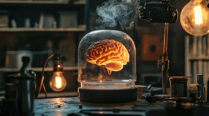 nightmare fuel comic book cover of a dirty dungeon with a makeshift mad scientistâ€™s lab illuminated by old vintage lamps, closeup photo of a Human Brain in a glass Petri dish casually on fire