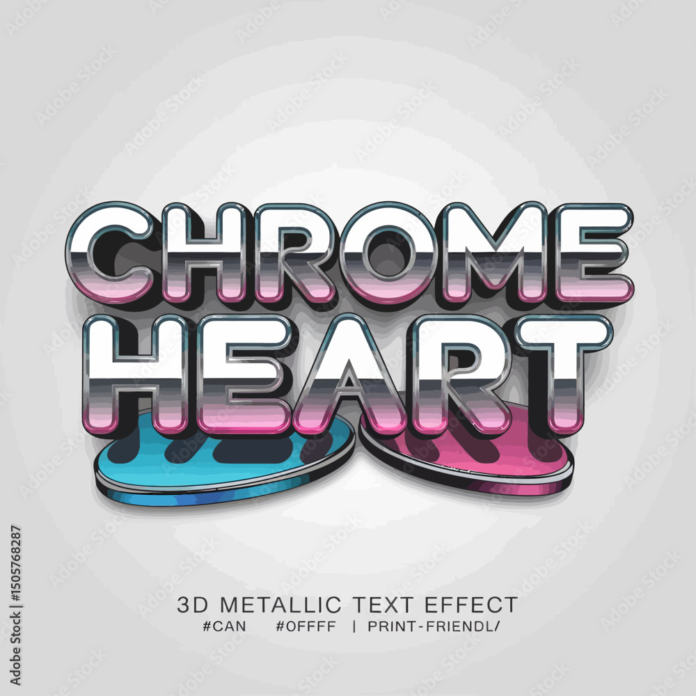 Poster stylish chrome heart 3d metallic text effect pink blue gradient design modern typography digital art