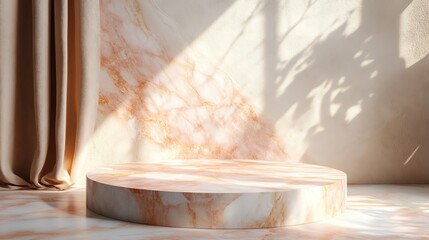 Elegant marble stage with soft light and shadows.