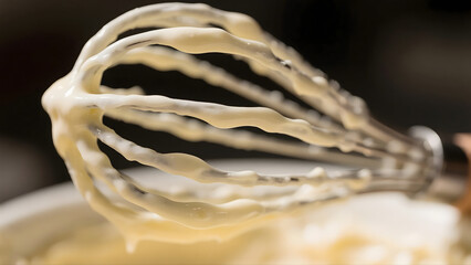 Whipped Cream Clinging to Metal Whisk Macro