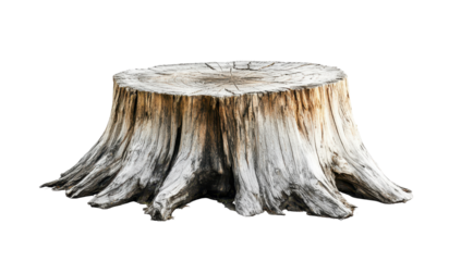Weathered tree stump, grey and brown, showing age and texture, isolated on black