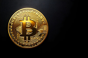 Golden bitcoin coin against a dark background.