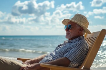 Fototapeta premium Older Man Enjoying Relaxing Beach Vacation in Sun